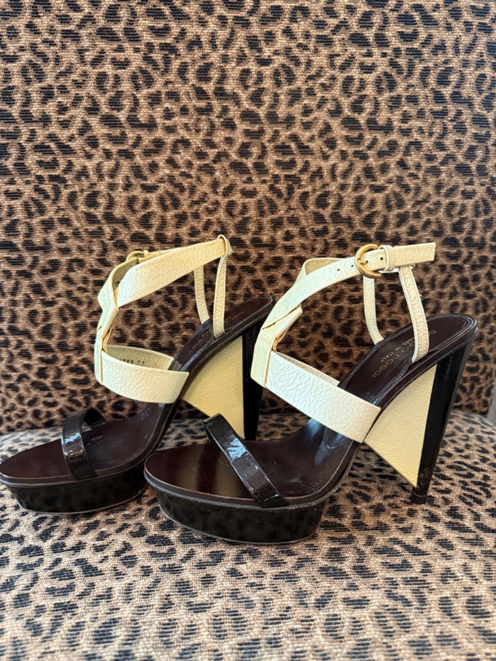 Vintage Sergio Rossi Black and Cream Platform Block Heel Sandals